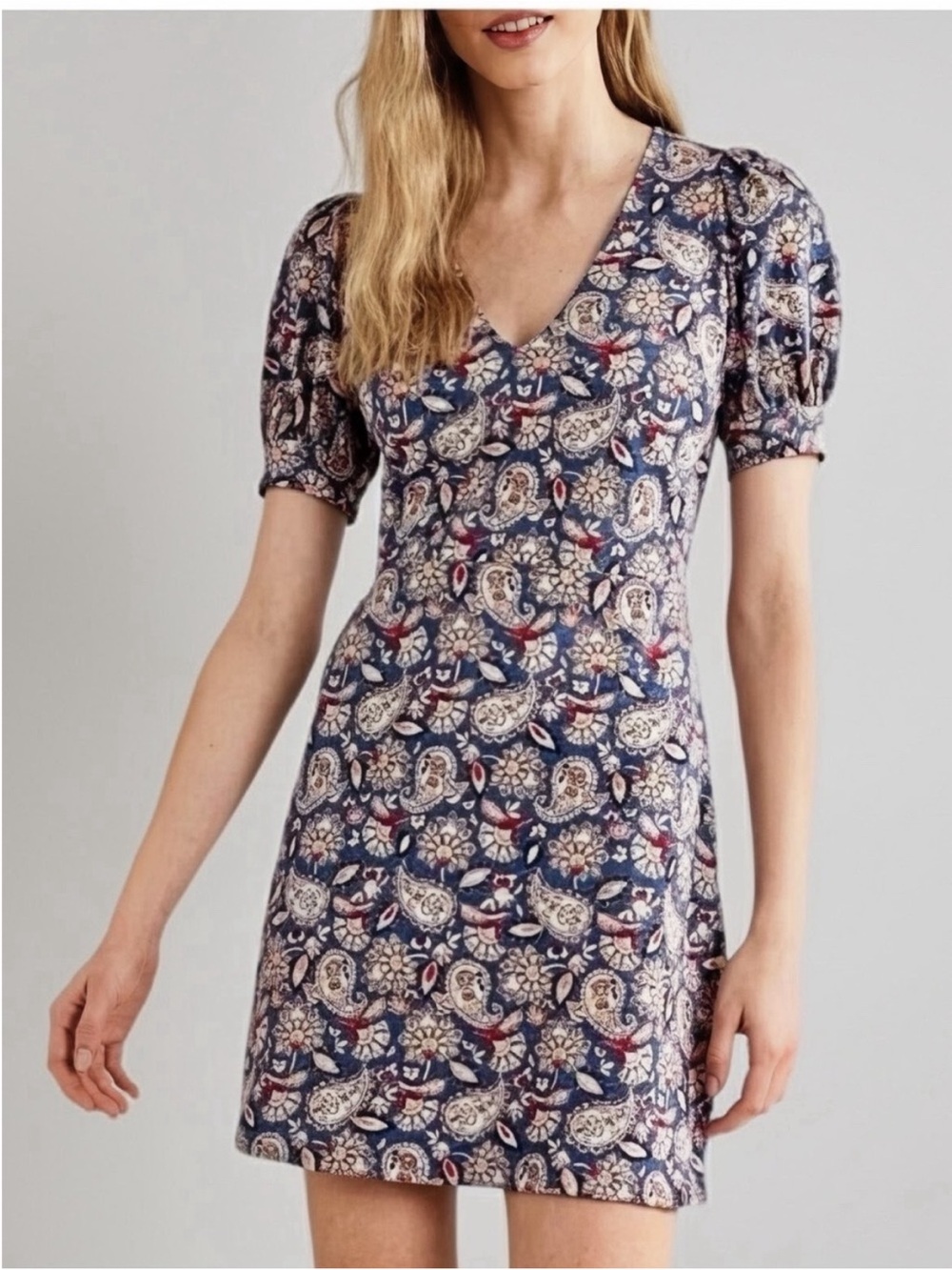 Boden Floral Paisley V-Neck Short Sleeve Dress - Blue size 8 regular